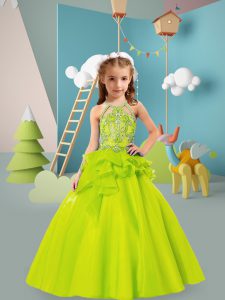 Perfect Floor Length Olive Green Little Girls Pageant Gowns Halter Top Sleeveless Backless