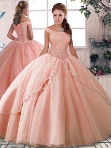 High Quality Peach Ball Gowns Beading Vestidos de Quinceanera Lace Up Tulle Sleeveless