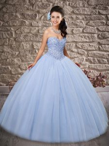 Blue Ball Gowns Sweetheart Sleeveless Tulle Floor Length Lace Up Beading Ball Gown Prom Dress