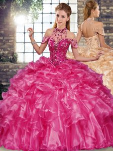 Noble Fuchsia Ball Gowns Beading and Ruffles 15th Birthday Dress Lace Up Organza Sleeveless Floor Length