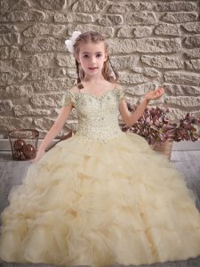 Beautiful Champagne Ball Gowns Tulle Off The Shoulder Sleeveless Beading and Lace and Pick Ups Lace Up High School Pagea