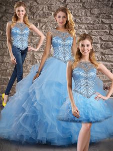 Top Selling Beading and Ruffles Vestidos de Quinceanera Blue Lace Up Sleeveless Brush Train