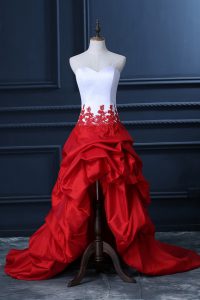 White And Red Sleeveless Lace and Appliques and Pick Ups High Low Prom Party Dress