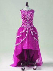 Fashion Sleeveless High Low Beading and Appliques Zipper Prom Party Dress with Fuchsia