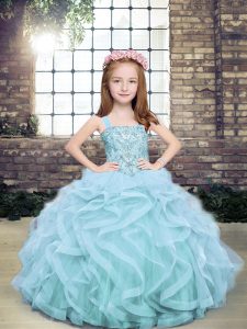Light Blue Ball Gowns Tulle Straps Sleeveless Beading and Ruffles Floor Length Lace Up Little Girl Pageant Gowns