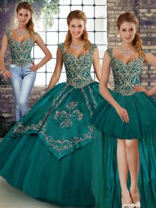 Ideal Teal Straps Neckline Beading and Embroidery Sweet 16 Dresses Sleeveless Lace Up