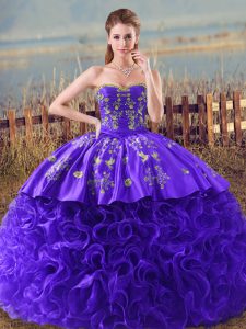 Lace Up Ball Gown Prom Dress Purple for Sweet 16 and Quinceanera with Embroidery and Ruffles Brush Train