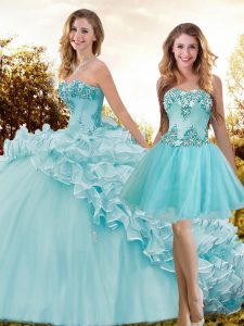 Brush Train Three Pieces Quinceanera Dresses Aqua Blue Sweetheart Organza and Tulle Sleeveless Lace Up