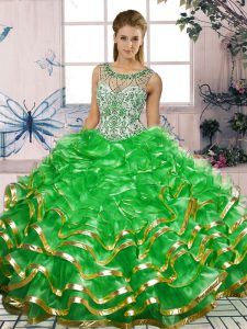 Suitable Green Lace Up 15th Birthday Dress Beading and Ruffles Sleeveless Floor Length