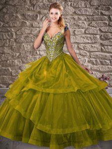 Top Selling Olive Green Sleeveless Brush Train Beading and Ruffled Layers 15 Quinceanera Dress