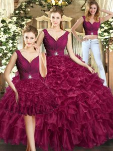 Burgundy Ball Gowns V-neck Sleeveless Organza Floor Length Backless Ruffles Sweet 16 Dresses