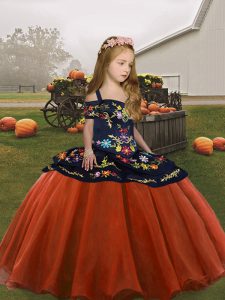 Sleeveless Floor Length Embroidery Lace Up Pageant Gowns For Girls with Rust Red