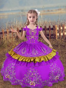 Attractive Off The Shoulder Sleeveless Lace Up Little Girl Pageant Dress Purple Satin