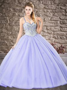Lavender Ball Gowns Beading and Lace Sweet 16 Dress Lace Up Tulle Sleeveless Floor Length