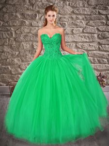 Traditional Sweetheart Sleeveless Brush Train Lace Up 15th Birthday Dress Green Tulle