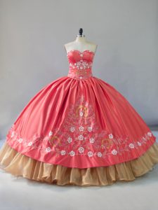 Watermelon Red Lace Up 15 Quinceanera Dress Embroidery Sleeveless Floor Length