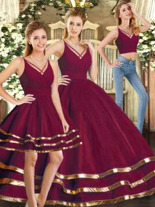 Modern Burgundy Tulle Backless V-neck Sleeveless Floor Length Sweet 16 Dress Ruffled Layers