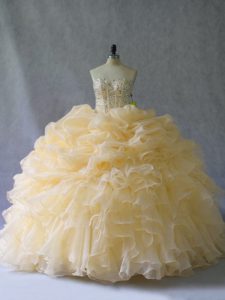 Floor Length Lace Up Quince Ball Gowns Gold for Quinceanera with Beading and Ruffles and Pick Ups