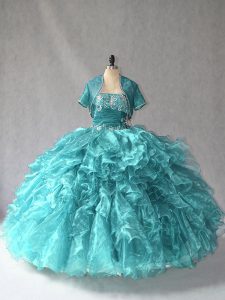Dramatic Turquoise Strapless Lace Up Beading Quinceanera Gown Sleeveless