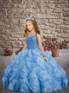 Beading Child Pageant Dress Baby Blue Lace Up Sleeveless Sweep Train