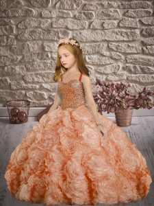 Straps Sleeveless Fabric With Rolling Flowers Pageant Gowns For Girls Beading Sweep Train Lace Up