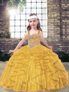 Lovely Gold Lace Up Little Girls Pageant Gowns Beading and Ruffles Sleeveless Floor Length