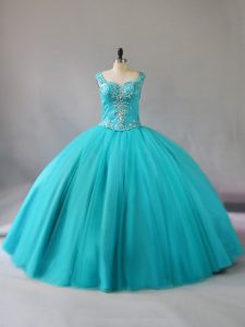 Best Selling Ball Gowns Sweet 16 Quinceanera Dress Aqua Blue Straps Tulle Sleeveless Floor Length Zipper