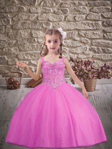 Perfect Rose Pink Lace Up Little Girls Pageant Gowns Beading Sleeveless Brush Train