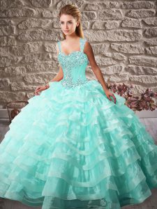 Shining Aqua Blue Lace Up Straps Beading and Ruffled Layers Quince Ball Gowns Organza Sleeveless Court Train