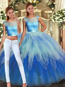 Romantic Sleeveless Tulle Floor Length Backless Vestidos de Quinceanera in Multi-color with Lace and Ruffles