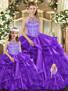 Customized Floor Length Purple Quince Ball Gowns Halter Top Sleeveless Lace Up