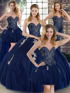 Navy Blue Ball Gowns Sweetheart Sleeveless Tulle Floor Length Lace Up Beading and Appliques Quinceanera Gown