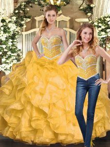 Decent Sweetheart Sleeveless Lace Up Ball Gown Prom Dress Gold Organza