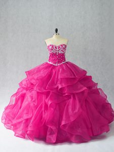Customized Floor Length Ball Gowns Sleeveless Fuchsia Sweet 16 Dress Lace Up