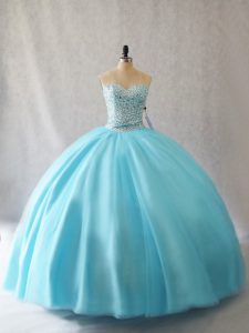 Aqua Blue Sleeveless Tulle Lace Up Sweet 16 Dress for Sweet 16 and Quinceanera