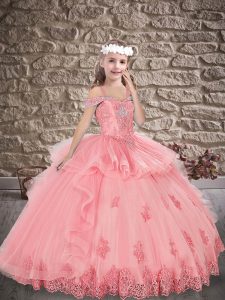 Watermelon Red Child Pageant Dress Wedding Party with Beading and Appliques Off The Shoulder Sleeveless Lace Up