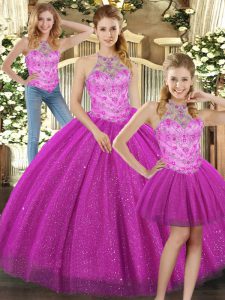 Fuchsia Sleeveless Tulle Lace Up Sweet 16 Dresses for Military Ball and Sweet 16 and Quinceanera