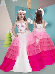 Sleeveless Tulle Floor Length Zipper Little Girl Pageant Gowns in Multi-color with Beading and Ruffled Layers