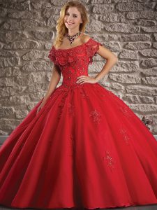 Elegant Red Lace Up Off The Shoulder Lace and Appliques Sweet 16 Dresses Tulle Short Sleeves Brush Train