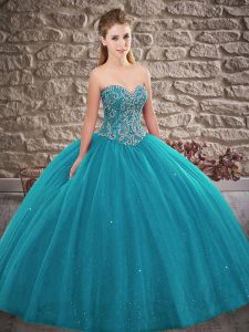 Teal Sleeveless Floor Length Beading Lace Up Sweet 16 Quinceanera Dress