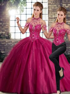 Sleeveless Beading Lace Up Sweet 16 Dresses with Fuchsia Brush Train