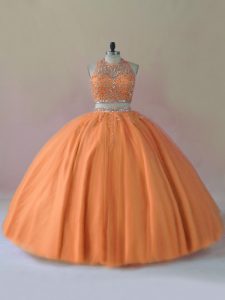 Orange Two Pieces Halter Top Sleeveless Tulle Floor Length Backless Beading Quinceanera Dress