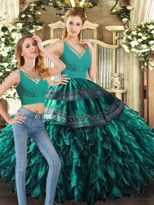 Turquoise Two Pieces Appliques and Ruffles Quince Ball Gowns Backless Organza Sleeveless Floor Length