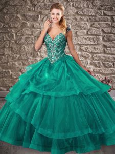 V-neck Sleeveless Brush Train Lace Up Sweet 16 Dress Turquoise Organza
