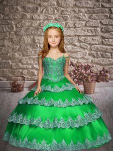 Satin Straps Sleeveless Lace Up Appliques and Ruffled Layers Pageant Dress for Girls in Green