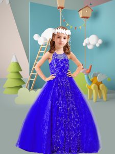 Affordable Royal Blue Sleeveless Beading Floor Length Pageant Gowns For Girls