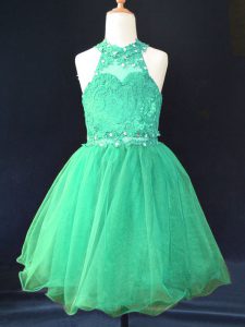 Superior Green Sleeveless Mini Length Beading and Lace Lace Up Little Girl Pageant Gowns