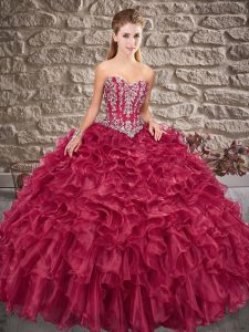 Hot Selling Wine Red Ball Gowns Organza Sweetheart Sleeveless Beading and Ruffles Lace Up Quinceanera Gown Brush Train