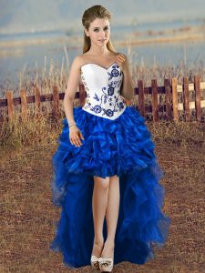 High Low Blue And White Party Dresses Organza Sleeveless Embroidery