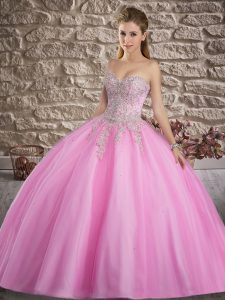 Hot Sale Ball Gowns Quinceanera Gown Rose Pink Sweetheart Tulle Sleeveless Floor Length Lace Up